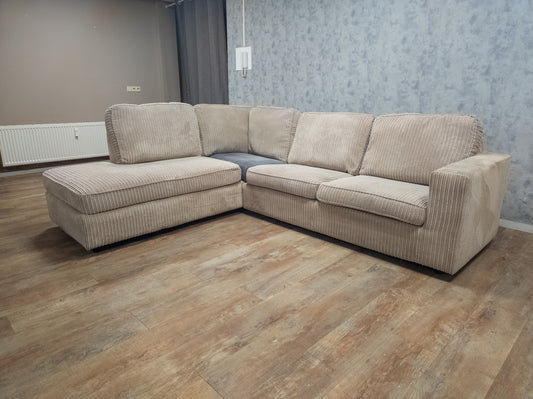 PRACHTIG BEIGE RIBSTOF HOEKBANK - BanxteL - 2dehandse Bankstellen