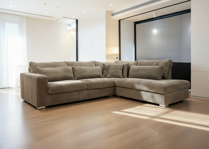 Mega Taupe Fluweel Ribstof Luxe Hoekbank