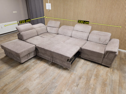 Zeer Mooi Groot Taupe Velvet Hoekbank met Slaapfunctie